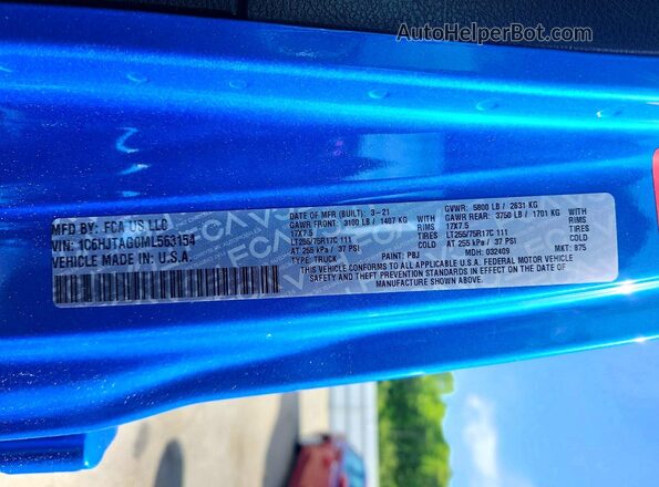 1C6HJTAG0ML563154 2021 JEEP GLADIATOR Blue Vista del compartimento del motor