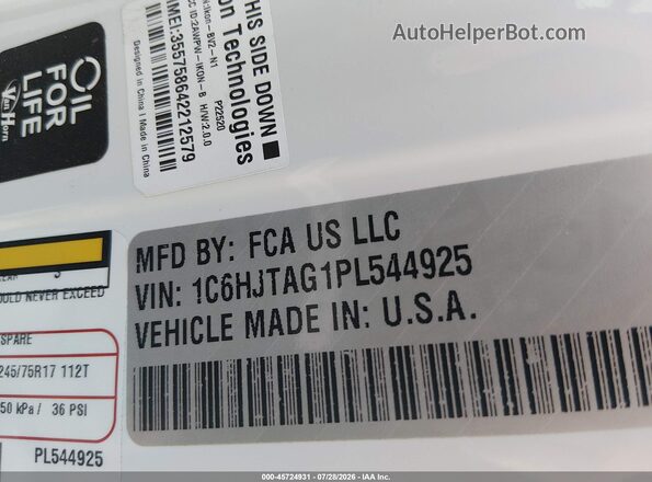 1C6HJTAG1PL544925 2023 JEEP GLADIATOR White Engine compartment view