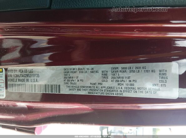 1C6HJTAG2ML518135 2021 JEEP GLADIATOR Бордовый Вид подкапотного пространства