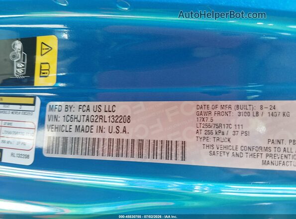 1C6HJTAG2RL132208 2024 JEEP GLADIATOR Blue Շարժիչի բաժամունքի տեսք