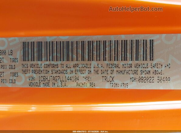 1C6HJTAG7LL144104 2020 JEEP GLADIATOR Orange Widok komory silnika