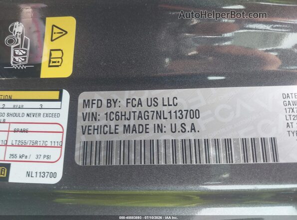 1C6HJTAG7NL113700 2022 JEEP GLADIATOR Серый Вид подкапотного пространства