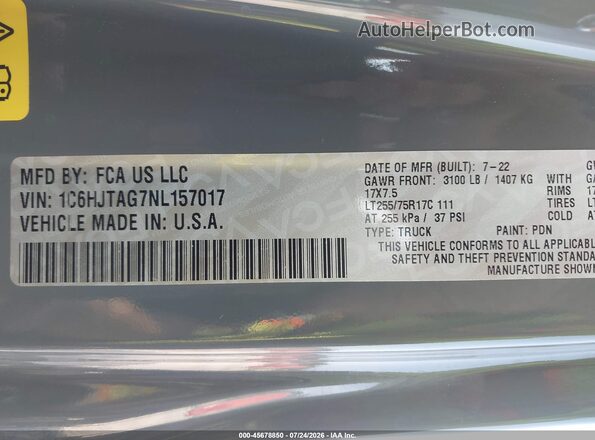 1C6HJTAG7NL157017 2022 JEEP GLADIATOR Gray Vista del compartimento del motor
