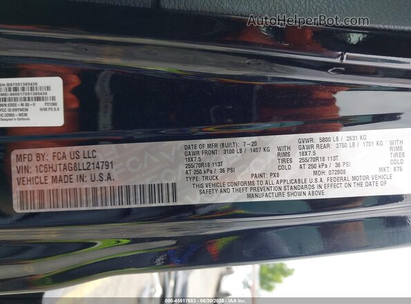 1C6HJTAG8LL214791 2020 JEEP GLADIATOR Черный Вид подкапотного пространства