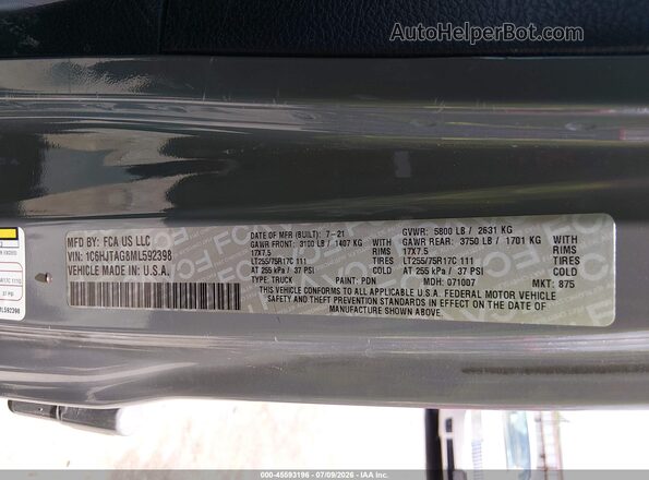 1C6HJTAG8ML592398 2021 JEEP GLADIATOR Gray ძრავის განყოფილების ხედი