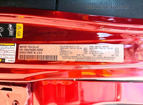 1C6HJTAG8NL106920 2022 JEEP GLADIATOR Burgundy ძრავის განყოფილების ხედი