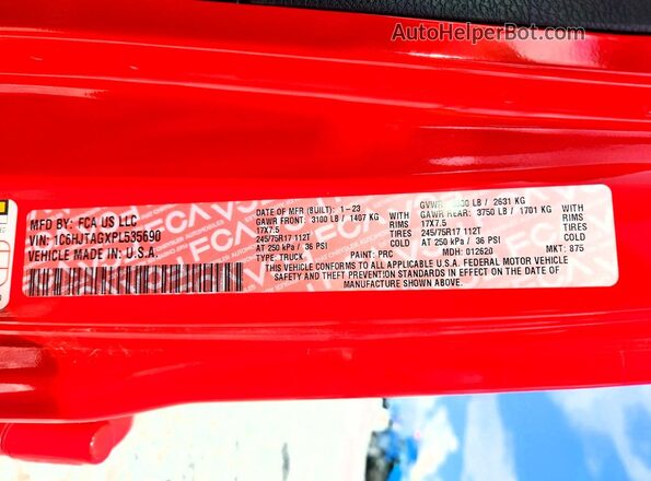 1C6HJTAGXPL535690 2023 JEEP GLADIATOR Red სალონის 360-გრადუსიანი ხედი