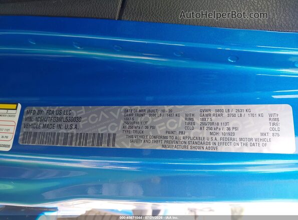 1C6HJTFG3ML530030 2021 JEEP GLADIATOR Blue Շարժիչի բաժամունքի տեսք