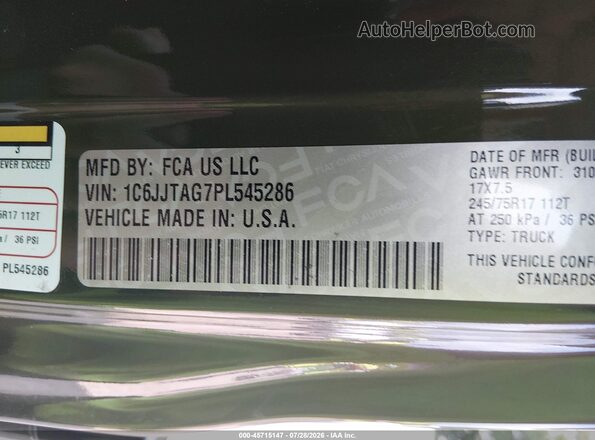 1C6JJTAG7PL545286 2023 JEEP GLADIATOR Зеленый Вид подкапотного пространства