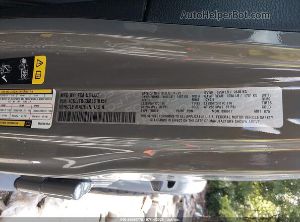1C6JJTBG3ML616154 2021 JEEP GLADIATOR Серый Вид подкапотного пространства