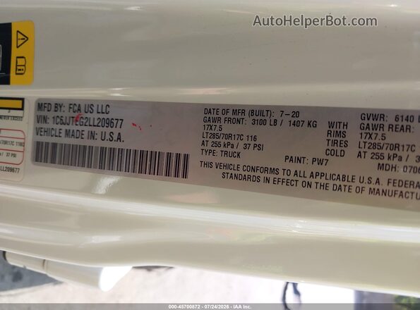 1C6JJTEG2LL209677 2020 JEEP GLADIATOR White Вид підкапотного простору