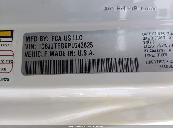 1C6JJTEG9PL543825 2023 JEEP GLADIATOR White ძრავის განყოფილების ხედი