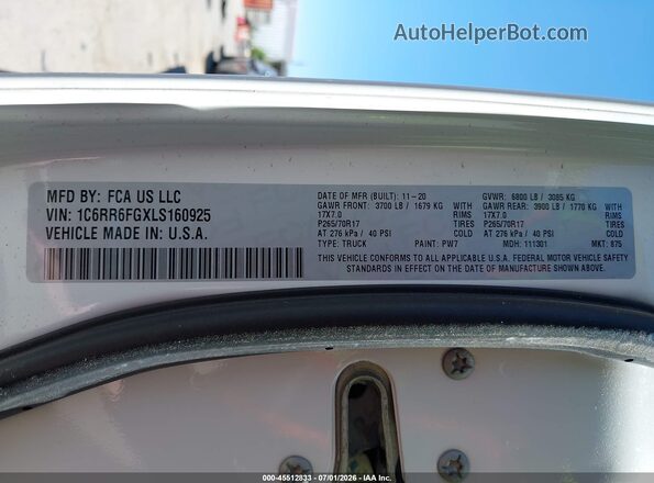 1C6RR6FGXLS160925 2020 RAM 1500 CLASSIC White Engine compartment view