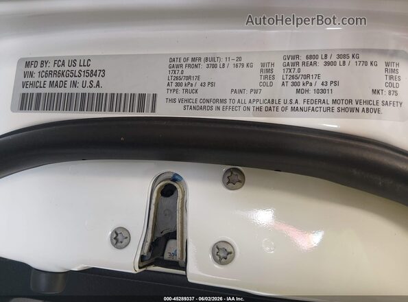 1C6RR6KG5LS158473 2020 RAM 1500 CLASSIC White Widok komory silnika