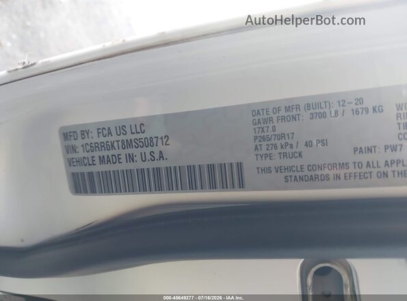 1C6RR6KT8MS508712 2021 RAM 1500 CLASSIC White Engine compartment view
