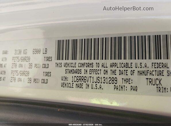 1C6RR6VT1JS131289 2018 RAM 1500 White Engine compartment view