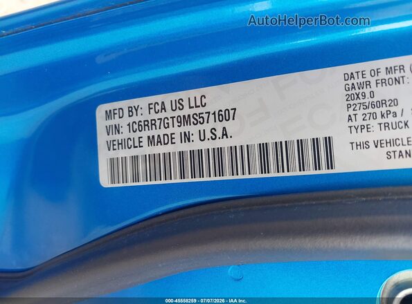 1C6RR7GT9MS571607 2021 RAM 1500 CLASSIC Blue Widok komory silnika