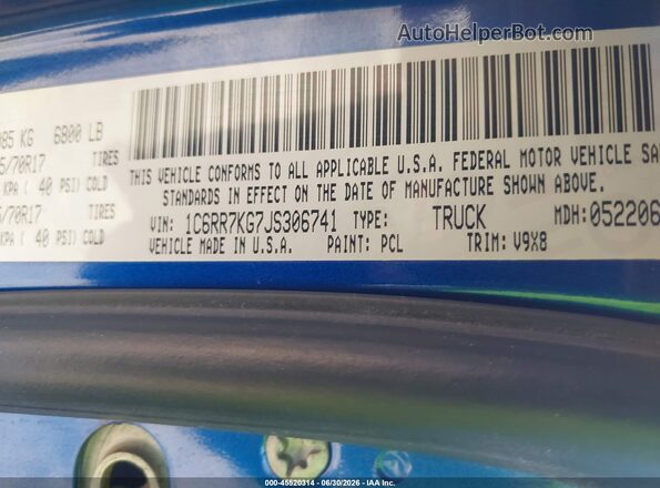 1C6RR7KG7JS306741 2018 RAM 1500 Blue Engine compartment view