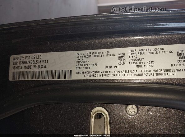 1C6RR7KG8LS161311 2020 RAM 1500 CLASSIC Gray Vista del compartimento del motor