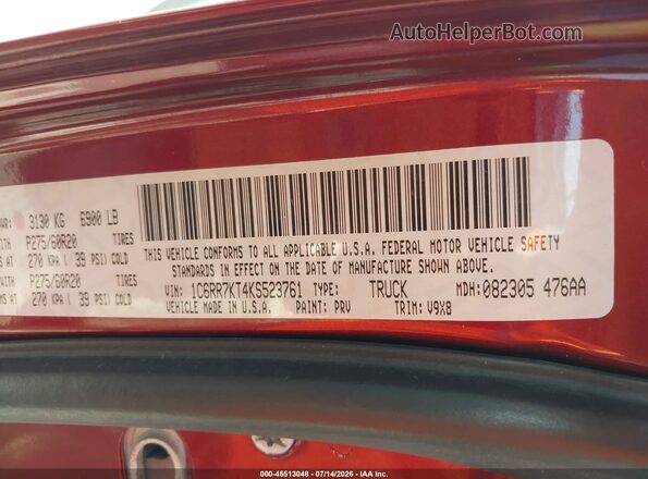 1C6RR7KT4KS523761 2019 RAM 1500 CLASSIC Red ძრავის განყოფილების ხედი