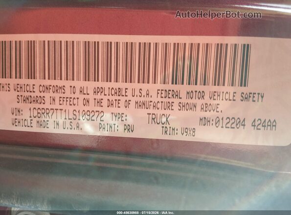 1C6RR7TT1LS109272 2020 RAM 1500 CLASSIC Burgundy Vista del compartimento del motor