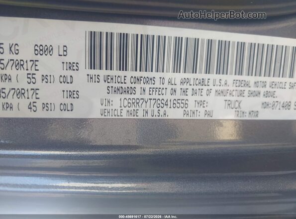 1C6RR7YT7GS416556 2016 RAM 1500 Gray Vista del compartimento del motor