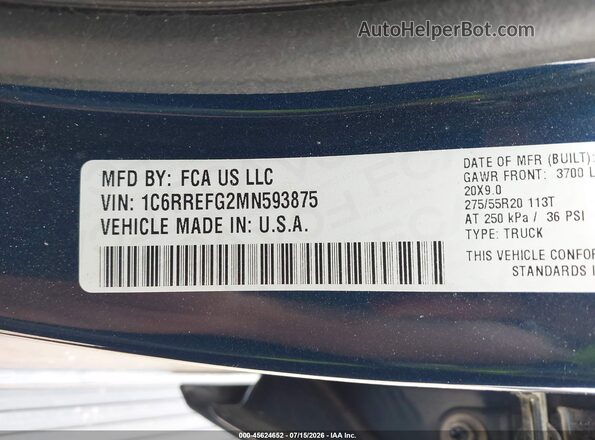 1C6RREFG2MN593875 2021 RAM 1500 Blue VIN sticker view