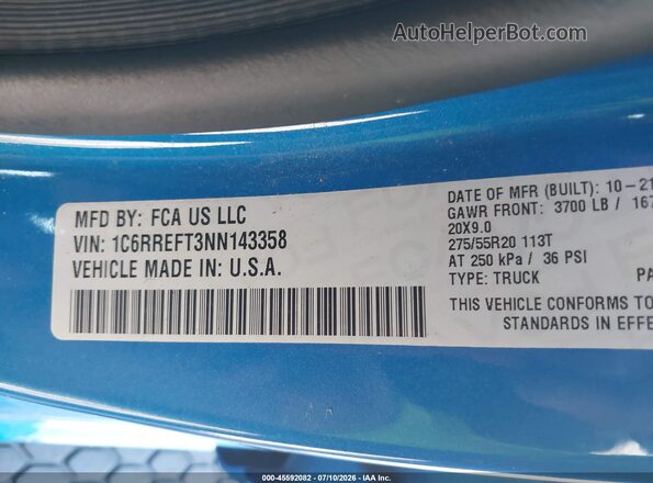 1C6RREFT3NN143358 2022 RAM 1500 Blue Engine compartment view