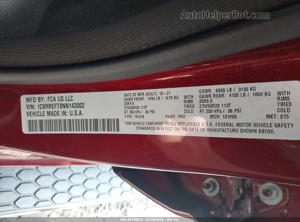 1C6RREFT8NN143002 2022 RAM 1500 Бордовый Вид подкапотного пространства