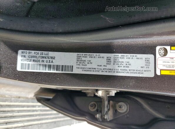 1C6RREJT0MN767852 2021 RAM 1500 Gray VIN կոդի պիտակի տեսք
