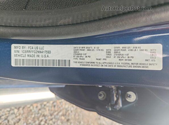 1C6RRFFG2NN417593 2022 RAM 1500 Blue Вид підкапотного простору