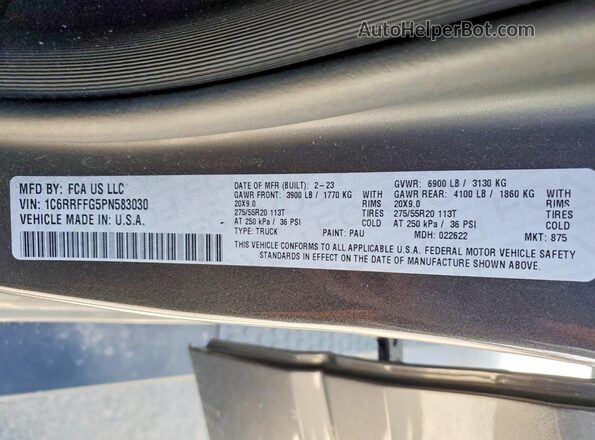 1C6RRFFG5PN583030 2023 RAM 1500 Charcoal VIN კოდის სტიკერის ხედი