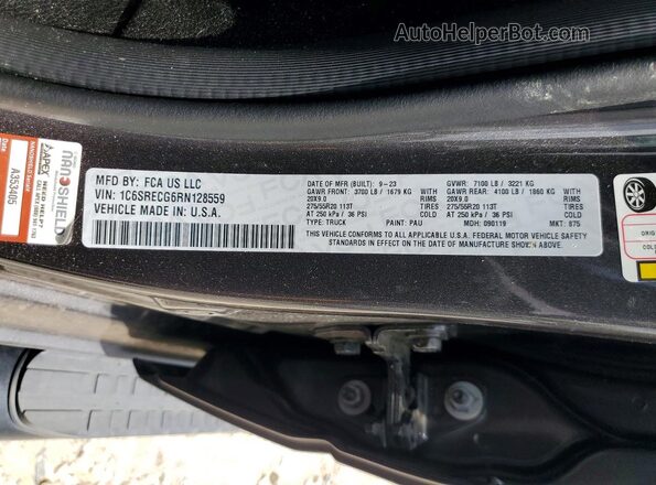 1C6SRECG6RN128559 2024 RAM 1500 Gray Вид наклейки з VIN-кодом