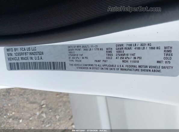 1C6SRFBT1NN207524 2022 RAM 1500 Белый Вид подкапотного пространства