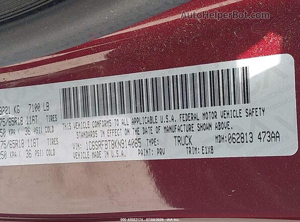 1C6SRFBT8KN914065 2019 RAM 1500 Red ძრავის განყოფილების ხედი