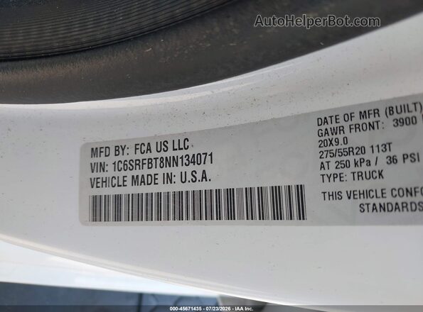 1C6SRFBT8NN134071 2022 RAM 1500 White Շարժիչի բաժամունքի տեսք