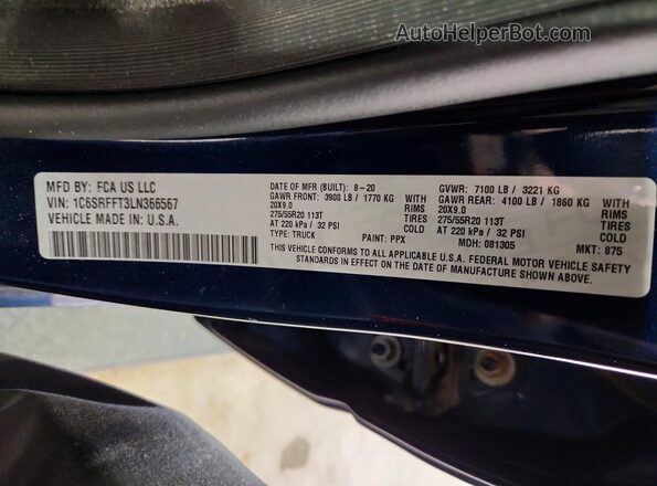 1C6SRFFT3LN366567 2020 RAM 1500 Blue ძრავის განყოფილების ხედი
