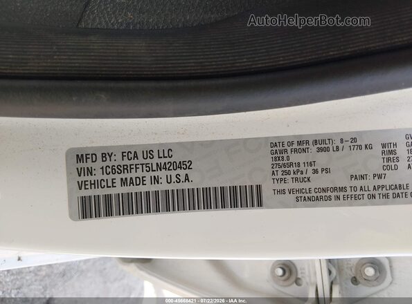1C6SRFFT5LN420452 2020 RAM 1500 Белый Вид подкапотного пространства