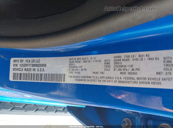 1C6SRFFT8MN826999 2021 RAM 1500 Blue Widok komory silnika