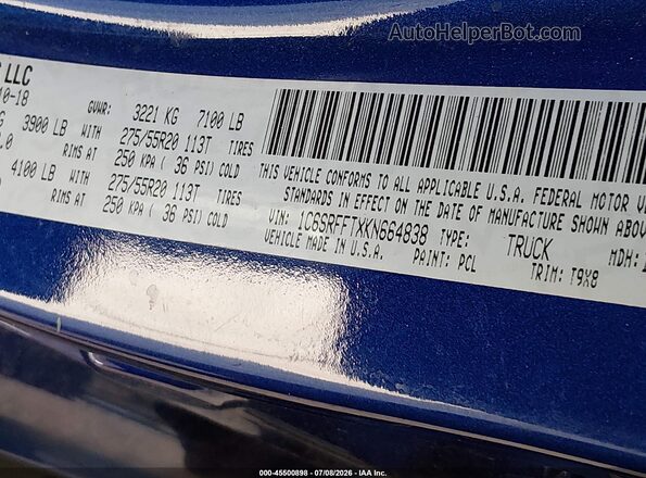 1C6SRFFTXKN664838 2019 RAM 1500 Blue Вид підкапотного простору