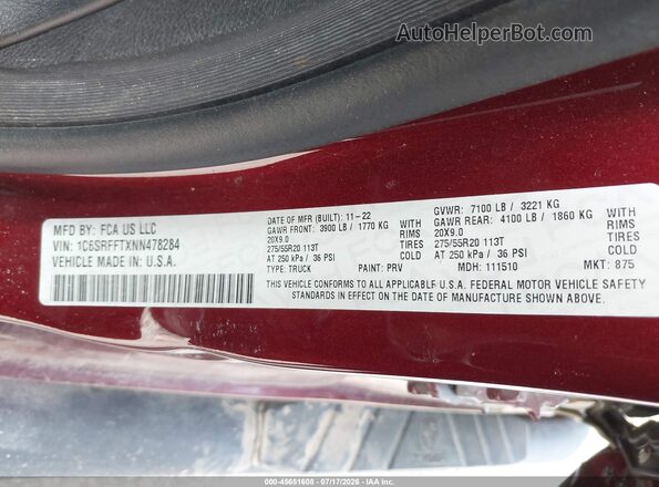 1C6SRFFTXNN478284 2022 RAM 1500 Бордовый Вид подкапотного пространства