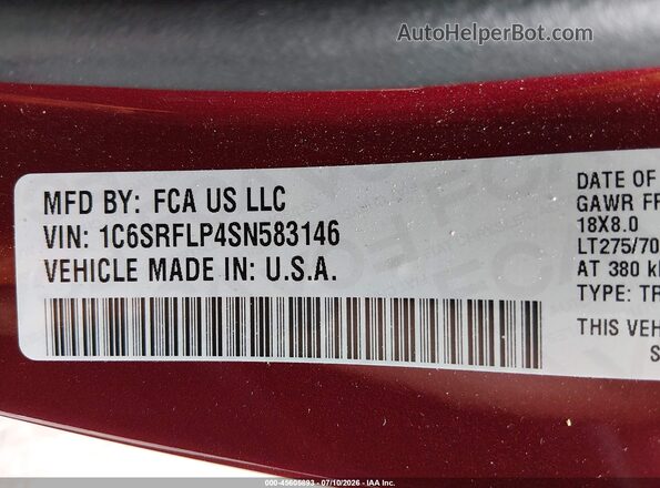 1C6SRFLP4SN583146 2025 RAM 1500 Maroon Вид підкапотного простору