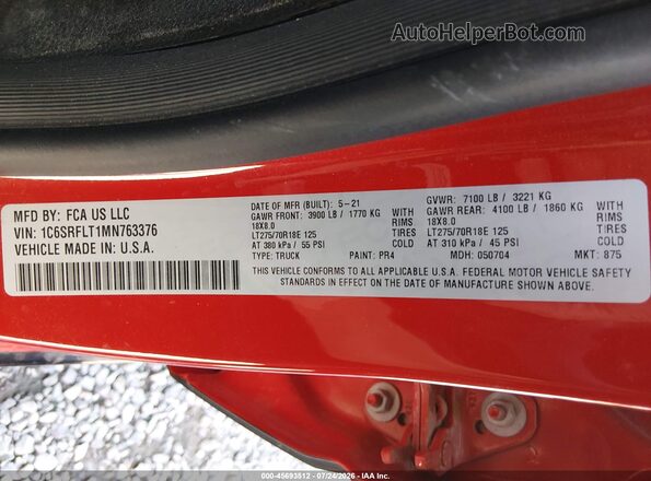 1C6SRFLT1MN763376 2021 RAM 1500 Red Vista del compartimento del motor