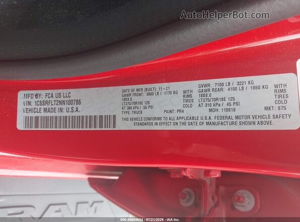 1C6SRFLT2NN100786 2022 RAM 1500 Red Vista del compartimento del motor