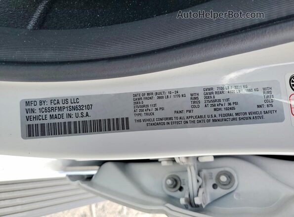1C6SRFMP1SN632107 2025 RAM 1500 Белый Вид наклейки с VIN-кодом