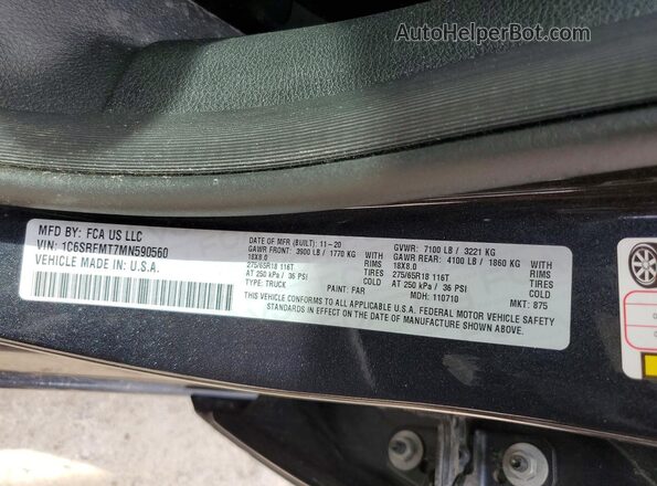 1C6SRFMT7MN590560 2021 RAM 1500 Blue Vista de la etiqueta del VIN