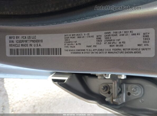 1C6SRFMT7PN593818 2023 RAM 1500 Silver Vista de la etiqueta del VIN