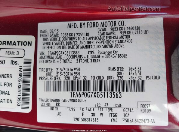 1FA6P0G7XG5113563 2016 FORD FUSION Maroon Vista del compartimento del motor