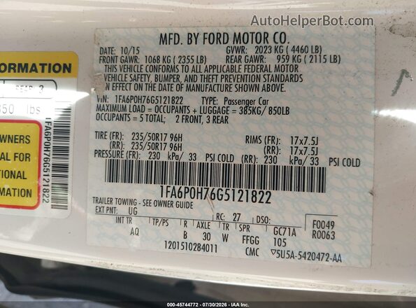 1FA6P0H76G5121822 2016 FORD FUSION White Вид підкапотного простору