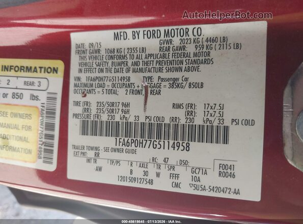 1FA6P0H77G5114958 2016 FORD FUSION Red Вид підкапотного простору